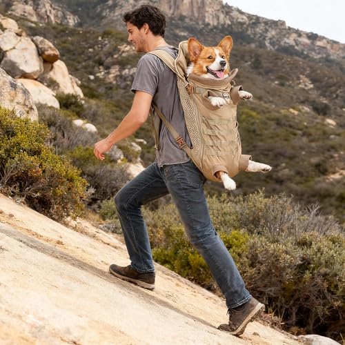 FLAdorepet Dog Carrier Tactical Backpack for Medium Large Dogs,Soft Hands-Free Legs Out Pet Front Cat Dog Carrier Backpack Travel Bag for Outdoor Traveling Hiking Camping (Medium, Khaki) - size: 21.7"L x 7.5"W x 13.0"H