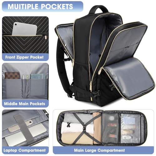 Large Carry On Travel Backpack - Flight Approved Waterproof Luggage Suitcase Backpacks Personal Item Size for Women Men Fit 17 Inch Laptop College Overnight Bag Anti-Theft Weekender Daypack Black Gold