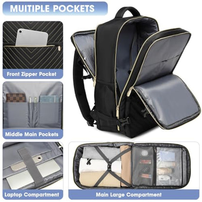Large Carry On Travel Backpack - Flight Approved Waterproof Luggage Suitcase Backpacks Personal Item Size for Women Men Fit 17 Inch Laptop College Overnight Bag Anti-Theft Weekender Daypack Black Gold