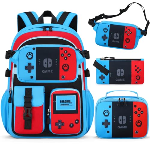 TILYTADLY School Backpack for Boys - 4PCS Gamer Boys Backpack with Lunch Box Set for Elementary Middle School - Students Bag for Ages 6-18,18″ Video Game Bookbag Travel Back Pack - color: Red-blue Backpack Set