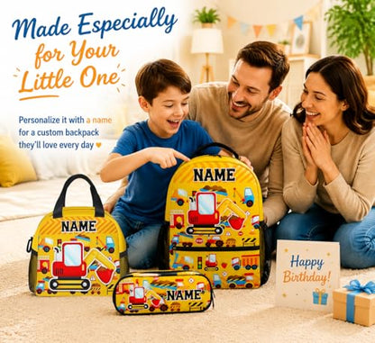 3PCS Personalized School Backpack for Boys Kids Toddlers Excavator Lovers; 17 Inch Kindergarten Construction School Bag with Lunch Box for Primary Students - color: Yellow