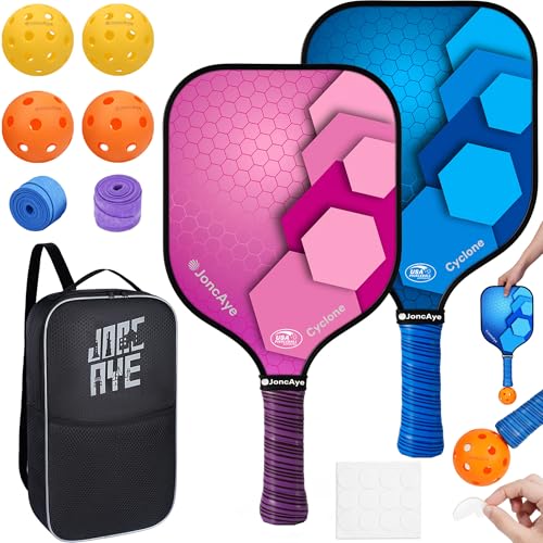 JoncAye Pickleball Paddles Set of 4 or 2, USAPA Approved Fiberglass Rackets with Outdoor Indoor Balls, Bag, Overgrip, Lightweight for Family, Professional Equipment for Beginners Intermediate - color: Pink&Blue*2