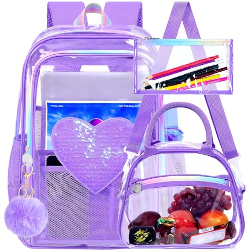 gxtvo 3PCS Transparent Backpack Heavy-Duty Set for Women & Teen Girls, 17" See Through Bookbag with Rainbow Strap, Purple Sequins Clear School Bag - color: Purple Sequins Clear Backpack Set