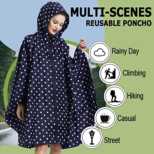 Fashion Hooded Rain Poncho Waterproof Raincoat Jacket with pocket for Women/Men/Adult - color: A-blue Dot