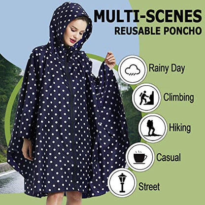 Fashion Hooded Rain Poncho Waterproof Raincoat Jacket with pocket for Women/Men/Adult - color: A-blue Dot