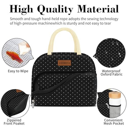 Coobiiya Lunch Bag Women,Lunch Box LunchBag for Women Adult Men, Small Leakproof Cute Lunch Tote Large Capacity Reusable Insulated Cooler Lunch Container for Work/Office/Picnic/Travel-Black Polka Dot - color: Dot
