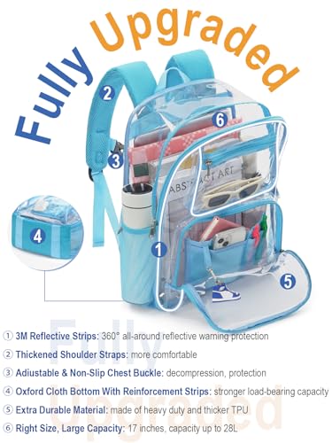 Heavy Duty Clear Backpack For Kids Women Men Boys Girls, 17 Inch Large See Through Backpack, 360° 3M Reflective Strips Clear Bookbag, Transparent Bag For School College Sport Travel, Light Blue - color: 1# Light Blue