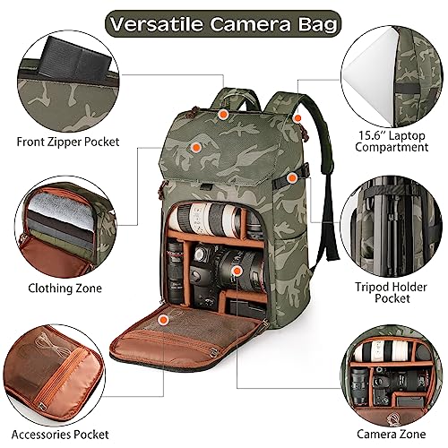 BOLOSTA Camera Backpack Bag Professional DSLR SLR Camouflage Camera Backpack for Photographers Waterproof Large Capacity Camera Case with Fit 15.6" Laptop Compartment & Tripod Holder
