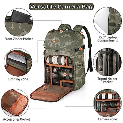 BOLOSTA Camera Backpack Bag Professional DSLR SLR Camouflage Camera Backpack for Photographers Waterproof Large Capacity Camera Case with Fit 15.6" Laptop Compartment & Tripod Holder