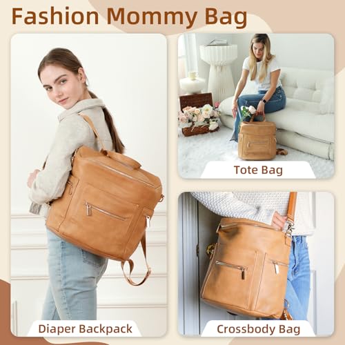 miss fong Diaper Bag Backpack Baby Diaper Bag, Large Leather Diaper Backpack with 16 Pockets Travel Diaper Bag with Diaper Changing Pad, Pañaleras Para Bebe for Moms(Convertible, Peanut) - color: Peanut