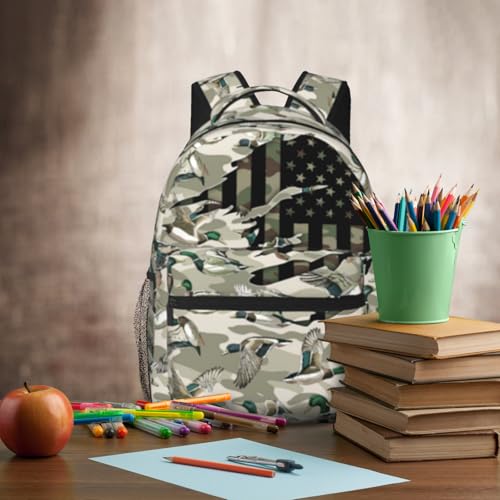 Wild Duck Camo Backpack for Boys Camo Hunter American Flag Duck School Bag for Elementary Middle School Daypack Travel Bookbag for Age 6-18 Teen Kids Back Pack - color: Wild Duck