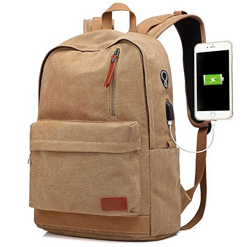 Canvas Laptop Backpack, Waterproof School Backpack With USB Charging College - color: Brown