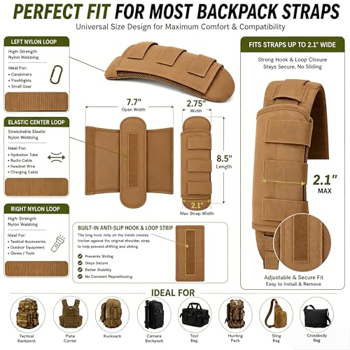 1 Pair Tactical Backpack Shoulder Pads, Thick Shoulder Cushion for Heavy Backpacks Plate Carrier & Rucksack, Fits Straps Up to 2.5", Breathable 3D Mesh, Hook & Loop Fastener, Rucking Hiking & Military - color: Brown