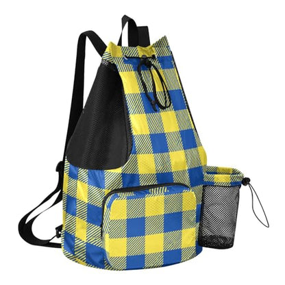 JUNZAN Plaid Grid Drawstring Backpacks Sports Gym Bag With Water Bottle Holder String Backpack Bag Waterproof Blue Yellow