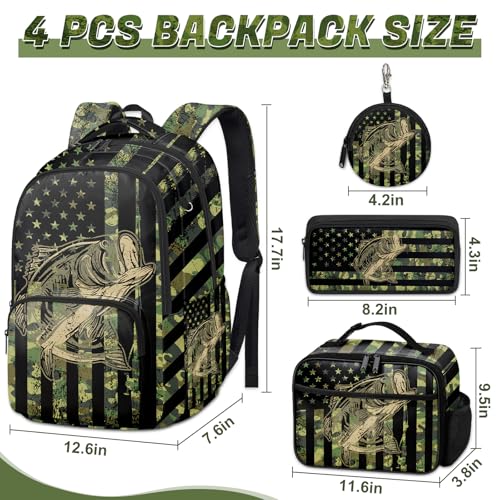 Fishing Backpack Set for Boys, Kids Camo Fish Backpack for School with Lunch Box and Pencil Case Coin Purse, School Bookbag for Boys - color: Fishing