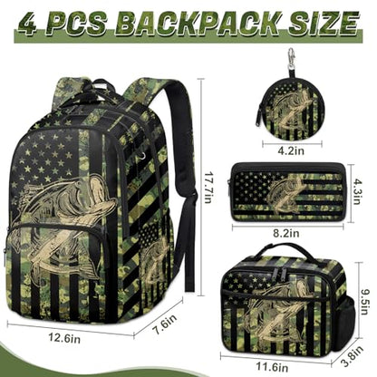 Fishing Backpack Set for Boys, Kids Camo Fish Backpack for School with Lunch Box and Pencil Case Coin Purse, School Bookbag for Boys - color: Fishing
