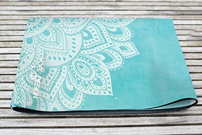 YOGA DESIGN LAB | Travel Yoga Mat | 2-in-1 Mat+Towel | Lightweight, Foldable, Eco Luxury | Ideal for Hot Yoga, Bikram, Pilates, Barre, Sweat | 1.5mm Thick | Includes Carrying Strap! - color: Mandala Turquoise