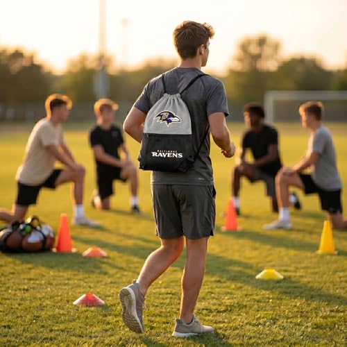 FOCO Baltimore Ravens Big Logo Drawstring Backpack with Zippered Pocket - Limited Edition Ravens Bag - NFL Gear - Officially Licensed Fan Gear - color: Baltimore Ravens