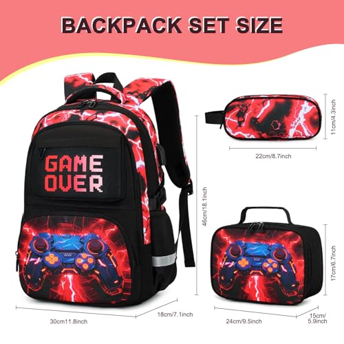 3PCS School Backpack for Boys, Cool Gamer Boys Backpack with Lunch Box and Pencil Case for Kids Kindergarten Teens Elementary Middle School Bag with Convenient Charging Port,Gaming Bookbag Waterproof - color: Red Lightning