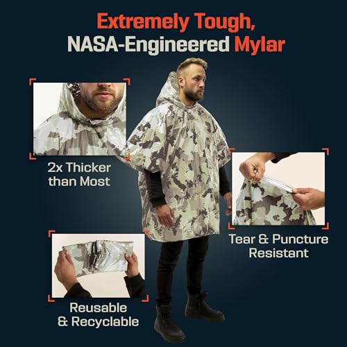 PREPARED4X Emergency Mylar Poncho – Survival Rain Poncho with Hood – Lightweight, Compact, Reusable Emergency Blanket Poncho for Hiking, Camping, Thermal Gear, Car Kit, Outdoors - color: Snow Camo 4-pack