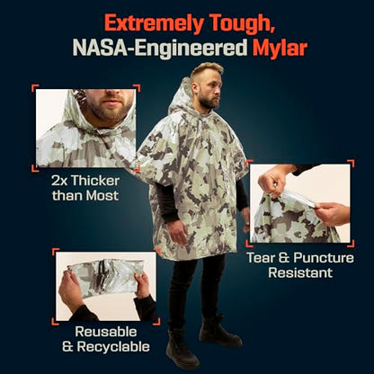 PREPARED4X Emergency Mylar Poncho – Survival Rain Poncho with Hood – Lightweight, Compact, Reusable Emergency Blanket Poncho for Hiking, Camping, Thermal Gear, Car Kit, Outdoors - color: Snow Camo 4-pack