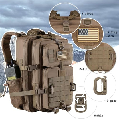 Hannibal Tactical 45L MOLLE Assault Backpack, Tactical Backpack Military Army Camping Rucksack with Bottle Holder, 3-Day Pack Trip w/USA Flag Patch, D-Rings, Khaki - color: Khaki, size: 45L