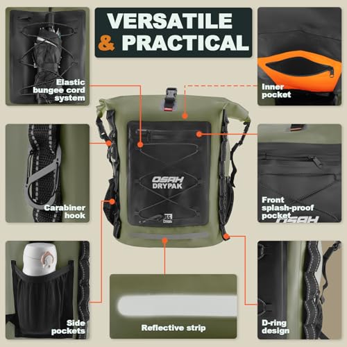 OSAH DRYPAK Waterproof Backpack Dry Bag 25L/35L/55L/85L – Heavy Duty Roll-Top Hiking Backpack Sack Keeps Gear Dry for Travel, Kayaking, Boating, Camping, Rafting and Fishing - color: Green, size: 25L