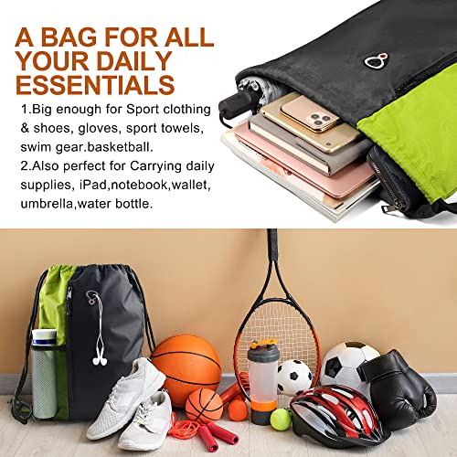 BeeGreen Lime Gym Bag Drawstring Backpack for Women Sports Backpack Workout Bag With 2 Water Bottle Mesh Pockets And Two Zipper Pockets - color: Black/Lime, style: Drawstring With Mesh Pocket
