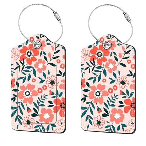 2 Pcs Luggage Tags for Suitcase, Cute Unique PU Leather Travel Bag Tag with Privacy Cover ID Label Address Card and Durable Metal Ring Suitable for Men Women Children Backpack,Orange Flowers - color: Orange Flowers