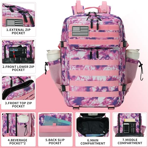 Lovelinks21 45L Tactical Assault Backpack 3 day assault pack with Molle Waterproof backpack Rucksack for Tactical Backpacks (Rose Tie-Dye) - color: Rose Tie-dye