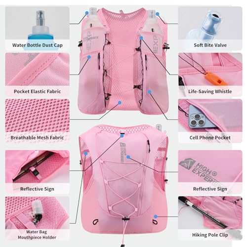 Running Vest Lightweight Packable Trail Hydration with 2 17oz Soft Flask Jogging Marathon Hiking Women Men - color: Pink 5L, size: Large