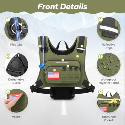 Maelstrom Hydration Vest with 2L Water Bladder Backpack for Running Hiking | Chest Pack, BPA-free, High Flow Bite, Reflective Stripe, Helmet Buckle, Detachable, Breathable Pad, for Cycling, Marathon - color: Army Green