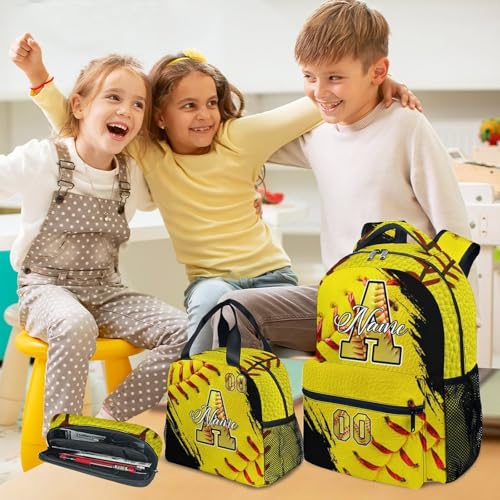 Mercuryelf Personalized Softball Backpack Set for Girls - Custom Kids Monogram School Bookbag for Players/Travel with Lunch Box - color: Yellow