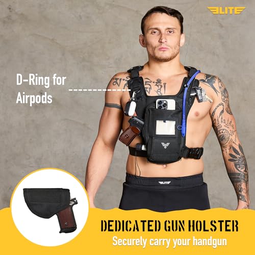 Elite Hydra Running Chest Pack w/ Gun Holster, Phone Holder Touch Friendly, Camera Pocket for Men/Women Lightweight Hydration Vest Chest Rig w/ Water Bladder for Marathon, Cycling, ADV Camping, Skiing - size: Medium