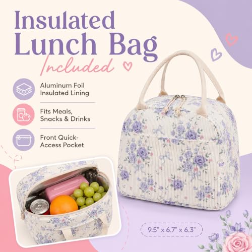 BTOOP School Backpacks for Teen Girls Bookbags Lightweight Kids Backpack School Bags Set with Lunch Box Pencil Case - color: Purple Flroal Bow