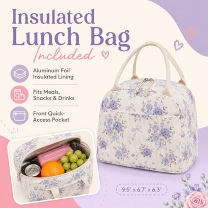 BTOOP School Backpacks for Teen Girls Bookbags Lightweight Kids Backpack School Bags Set with Lunch Box Pencil Case - color: Purple Flroal Bow