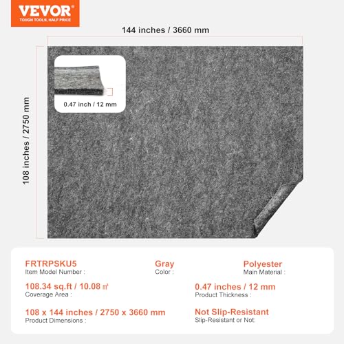 VEVOR 9' x 12' Rug Pad Gripper Without Slip-Resistance - 1/2" Thick Polyester Felt Padding Cushion for Area Carpet Runner Hardwood Floors Living Room - Grey - size: 9' x 12' (Rectangular)