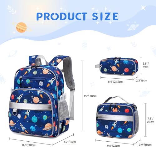 3PCS Boys Backpack Ages 5-8 with Lunch Bag & Pencil Case, Toddler School Backpack for Kids Boys - 15inch Backpack Boy Bookbag for Preschool Kindergarten Elementary School - color: Rocket & Planet