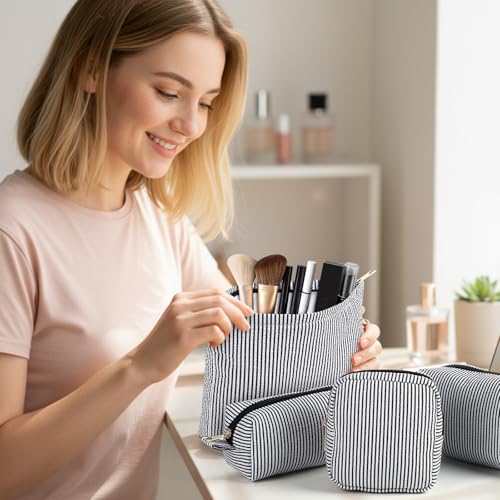 Sanwuta 4 Pcs Seersucker Pouch Cosmetic Bag Set Seersucker Makeup Bag Women Stripe Large Travel Toiletry Organizer Aesthetic Preppy Storage for Embroidery Women Bridesmaid Gifts(Black) - color: Black