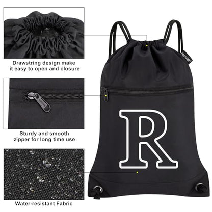 HOLYLUCK Drawstring Bags Initial Backpack Sackpack Cinch Bags for Sports, Gym, Travel, Beach (Black-R) - color: Black-r