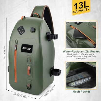 Goture Waterproof Fly Fishing Sling Pack, IPX8 840D TPU Fishing Sling Bag, 13L Tackle Backpack with Rod Holder,Airtight Zipper,Exhaust Valve,Adjustable Strap for Kayaking,Wadering,Hiking - color: A2:13L Green