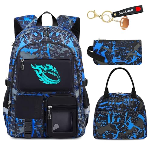 School Backpack for Boys - 4pcs American Football Boys Backpack with Lunch Box Set for Kids Teens Elementary Middle High School - 18" Large Capacity School Bookbag with Multiple Pockets - color: American Football-backpack Set