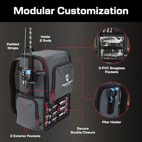 Evolution Fishing Largemouth 3.0 Tackle Backpack - Patent Pending Modular Dividers, Rod Holders, Heavy Duty Fishing Backpack, Includes Quiklatch Tackle Trays