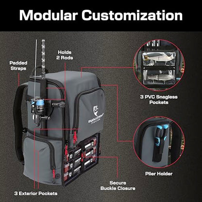 Evolution Fishing Largemouth 3.0 Tackle Backpack - Patent Pending Modular Dividers, Rod Holders, Heavy Duty Fishing Backpack, Includes Quiklatch Tackle Trays