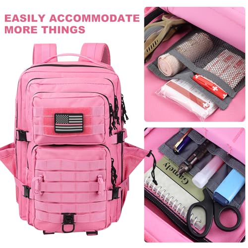 Hannibal Tactical 45L MOLLE Assault Backpack, Tactical Backpack Military Army Camping Rucksack with Bottle Holder, 3-Day Pack Trip w/USA Flag Patch, D-Rings, Pink - color: Pink, size: 45L