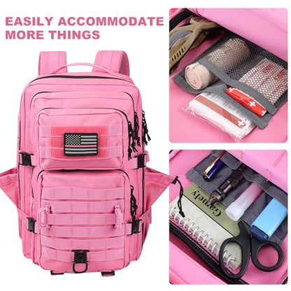 Hannibal Tactical 45L MOLLE Assault Backpack, Tactical Backpack Military Army Camping Rucksack with Bottle Holder, 3-Day Pack Trip w/USA Flag Patch, D-Rings, Pink - color: Pink, size: 45L