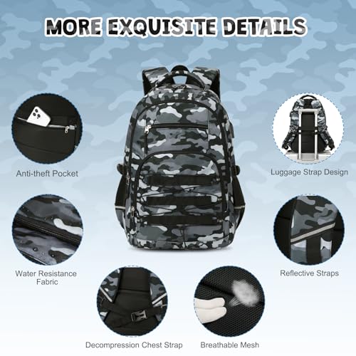ACESAK Camo Backpack for Boys, Tactical Kids Backpack Boys, School Bags for Boy Children Teens Kids Elementary Middle High School, Military Bookbag and Lunch Bag Pencil Case Set with USB Charging Port - color: Gray Black