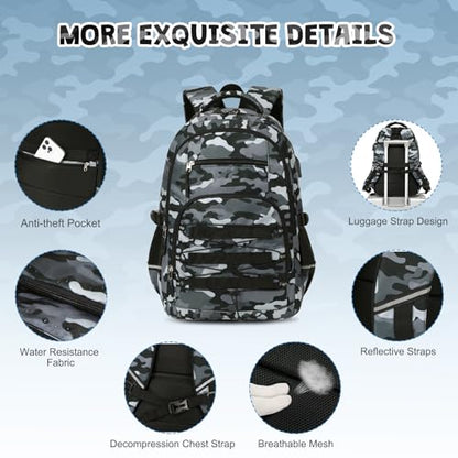 ACESAK Camo Backpack for Boys, Tactical Kids Backpack Boys, School Bags for Boy Children Teens Kids Elementary Middle High School, Military Bookbag and Lunch Bag Pencil Case Set with USB Charging Port - color: Gray Black