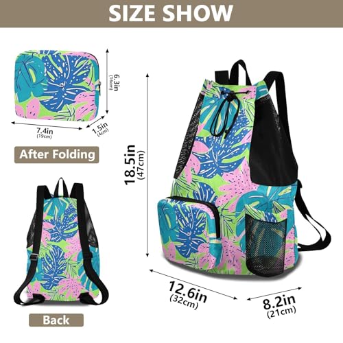 Drawstring Gym Sackpack With Pockets Drawstring Backpack For Swim with Wet Dry Compartments Tropical Colorful Leaves