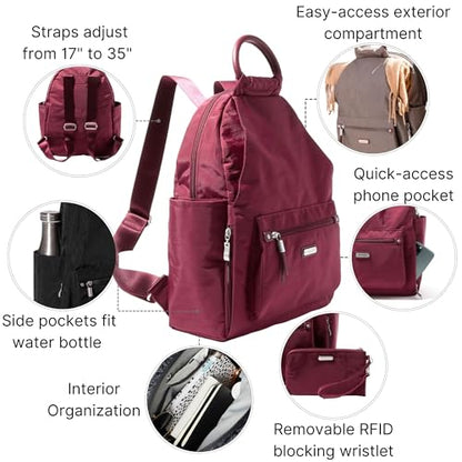 Baggallini All Day Backpack with RFID Phone Wristlet - Lightweight Travel Backpack for Women - color: Dark Cherry